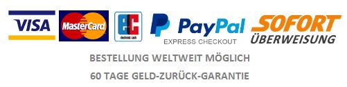 VISA Mastercard EC PayPal Sofort-Überweisung - Bestellung weltweit möglich - 60 Tage Geld-zurück-Garantie